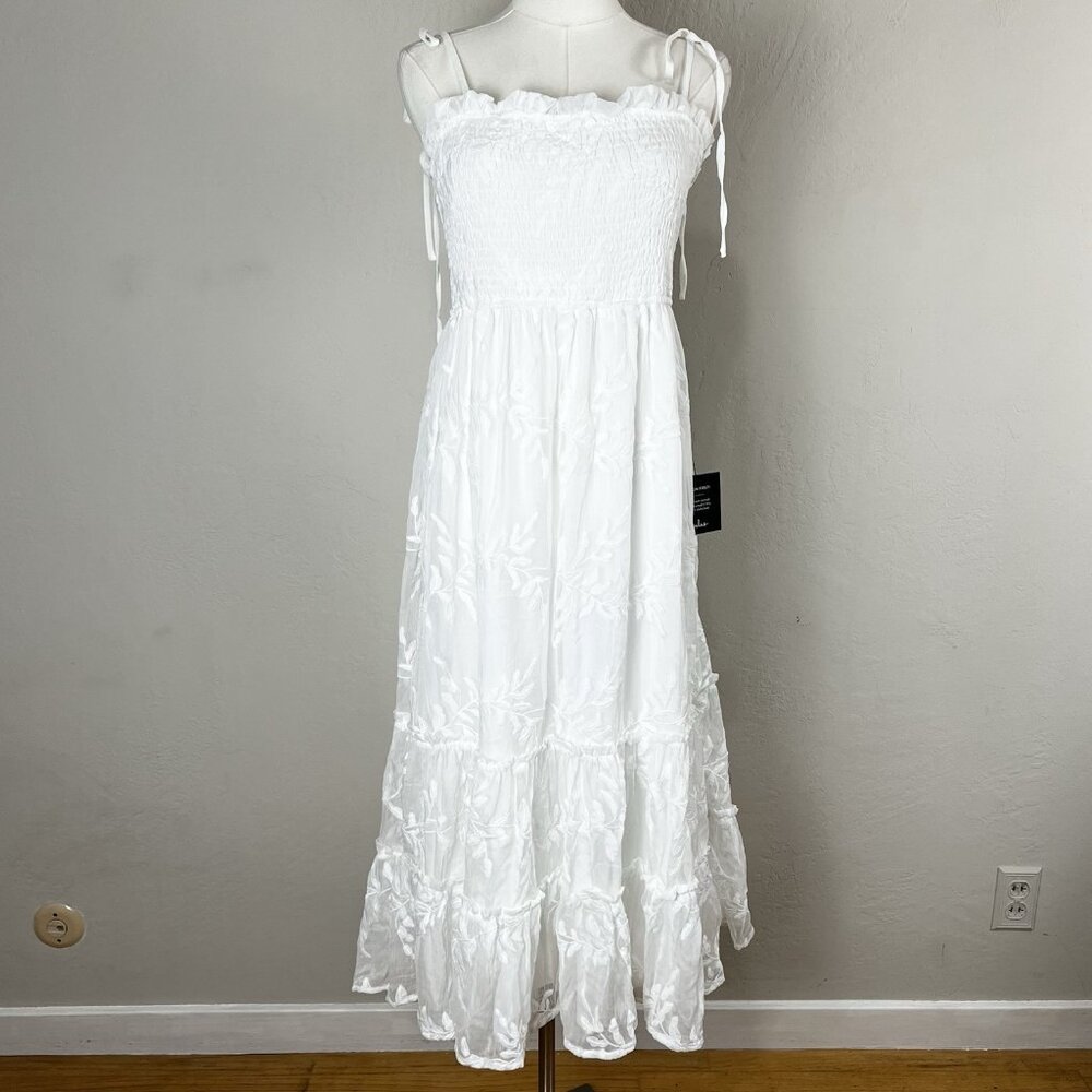 NWT Lulu's Signs of Love White Embroidered Smocked Tie Strap Midi Dress